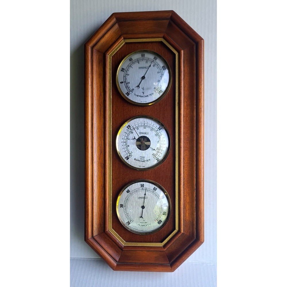 Vintage Springfield Wood Wall Weather Station Thermometer Barometer Humidity